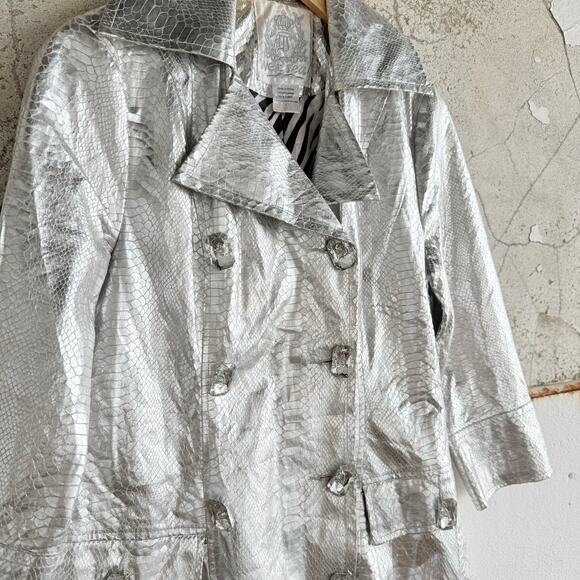 Y2K Wet Seal Snake Print Trench Coat Metallic Silver Jacket Womens S Vtg 2000s - Picture 6 of 9